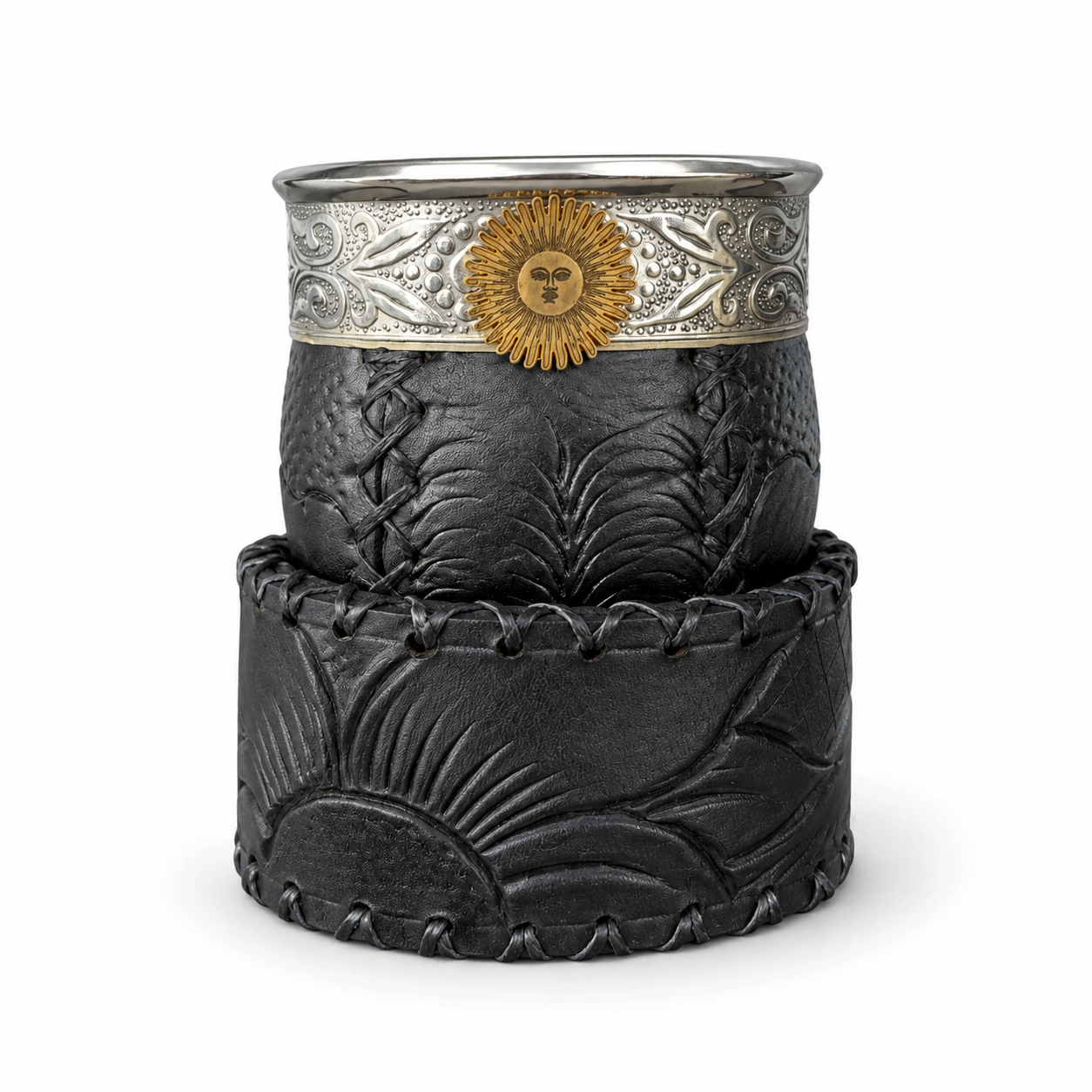 Terrava Repujado Black Leather Mate Cup | Handmade Argentine Mate & Bombilla